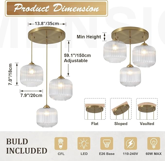 3 Light Hanging Pendant Light Fixture Brushed Gold Modern Pendant Cluster Lights Kitchen Island Industrial Adjustable Hanging Dining Room Lighting Clear Glass Cluster Chandeliers MPL30-3C