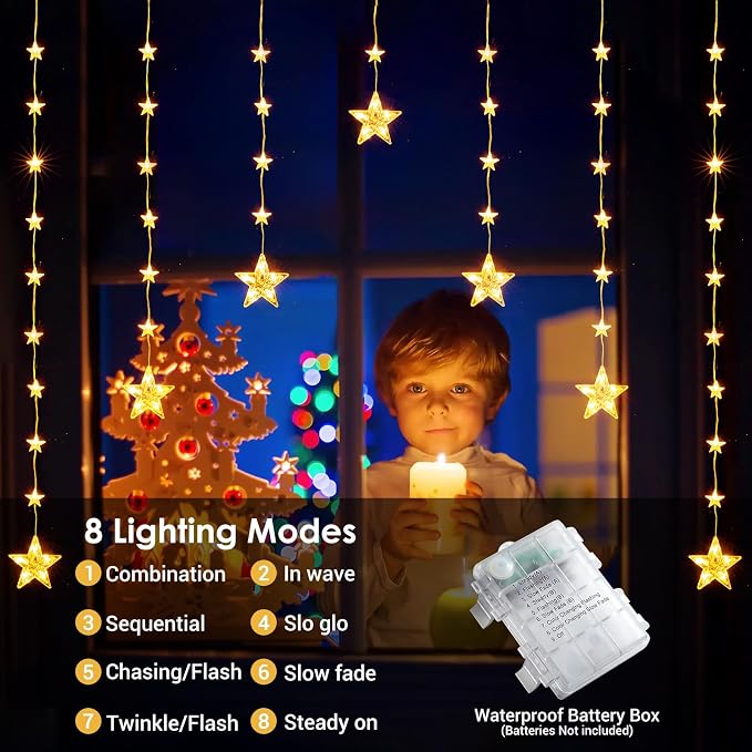 Marchpower 46 Stars Curtain Lights, Battery Operated Christmas Star Window Lights - Warm White with Timer & Memory Function & 8 Modes, IP65 Waterproof for Indoor Window Decoration