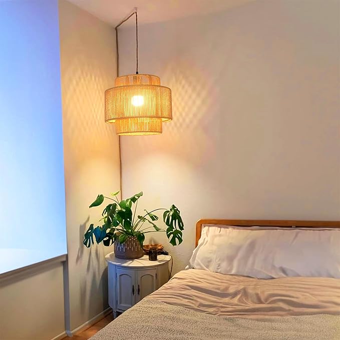 QIYIZM Plug in Pendant Light Hanging Lights with Plug in Cord Hanging Lamp Boho Rattan Dimmable Wicker Bamboo Woven Shade Hemp Rope Ceiling Light Fixture for Living Room Bedroom Kitchen