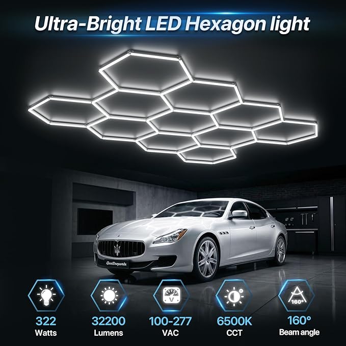 HYPERLITE Gen 2 Hexagon Garage LED Light, Upgraded 3 Level Dimmable 322W 32200LM Super Bright Garage Detailing Lights, 11 Grids Hex Shop Lights, Hexagon LED Lights for Basement, Gym, Shop