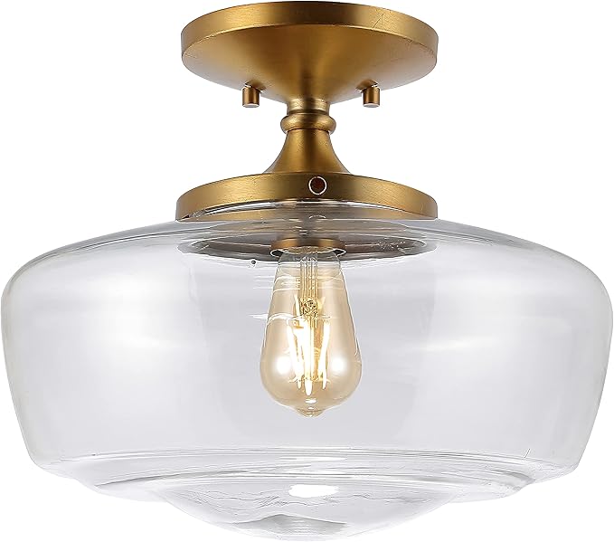 JONATHAN Y 14" Brass Gold Modern Farmhouse LED Flush Mount Light Fixture, Clear Glass Shade, Rustic Industrial Schoolhouse Lamp for Kitchen Hallway Bedroom (JYL7517B)