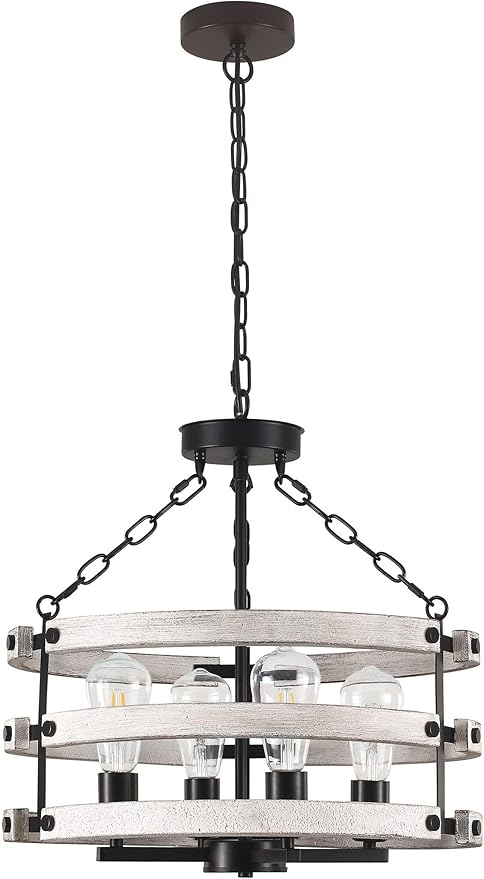 Luupyia Rustic Farmhouse Chandelier, 18.89 Inches White Drum Farmhouse Foyer Chandeliers Island Light, Rustic Vintage Pendant Light Fixture for Dining Room Entryway 4Lights E26