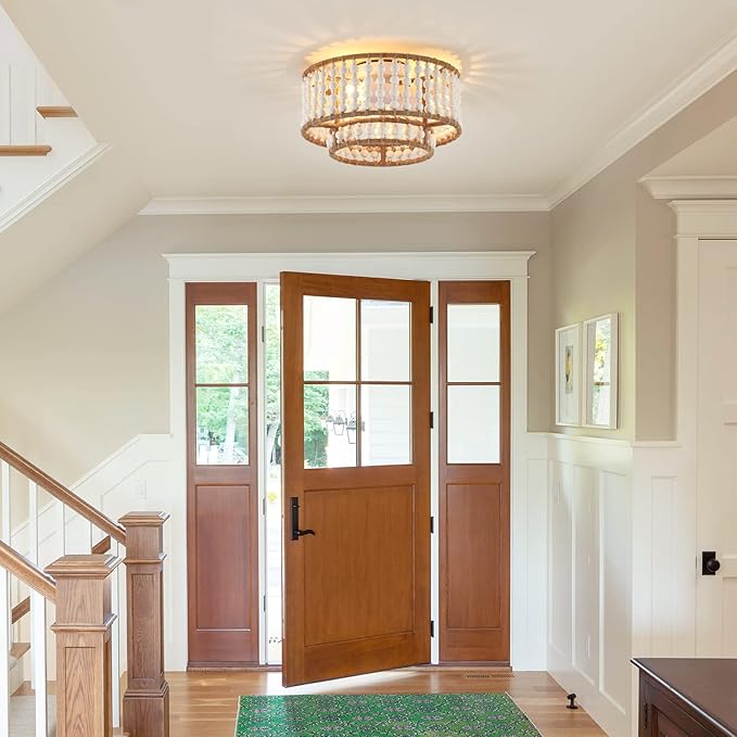 Boho Flush Mount Light Fixture Farmhouse, 3-Light Rustic Hallway Lights, Small White Bead Chandelier for Kitchen Entryway Laundry Nursery