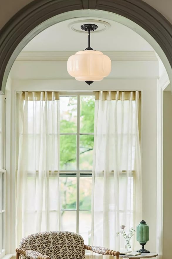 Milk Glass Ceiling Light Fixture, 15" Vintage Scallop Semi Flush Mount Pendant Light, Schoolhouse Light Fixture - Antique Chandelier for Kitchen, Hallway, Dining Room, White/Black