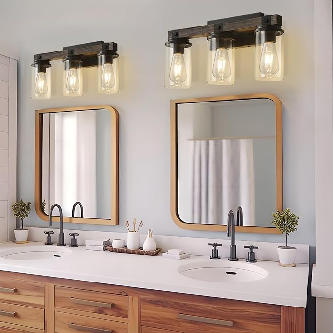 Bathroom Vanity Light Fixtures, Wooden Farmhouse Bathroom Lights over Mirror Vintage Rustic Sconces Wall Lighting 3-Light Industrial Matte Black Vanity Light for Bathroom Bedroom Hallway Kitchen
