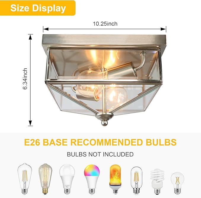 Kalium Flush Mount Ceiling Light Fixture, 2-Light Brushed Nickel Ceiling Light with Clear Glass, Modern Farmhouse Indoor/Outdoor Lighting for Kitchen, Hallway, Entryway, Foyer, Stairway (E26 Base)