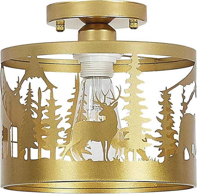 Rustic Semi-Flush Mount Ceiling Light, 9.1" Farmhouse Cabin Fixture with Deer, Bear Design, Gold Metal Ceiling Lamp for Bedroom, Living Room, Hallway, Entryway, E26 Base
