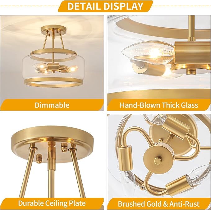 11.81" Brushed Gold Semi Flush Mount Ceiling Light, Modern Glass Drum Light Fixtures, 3-Light Golden Ceiling Lights for Hallway Entryway Bedroom Laundry Room Kitchen Dining Room Bathroom Lighting