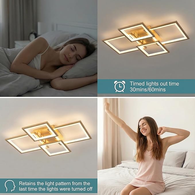 Modern LED Ceiling Light, Square LED Flush Mount Ceiling Light, Dimmable Kitchen Light Fixtures with Remote&APP, Close to Ceiling Lighting Fixture for Dining Room Kitchen Living Room Bedroom(Gold)