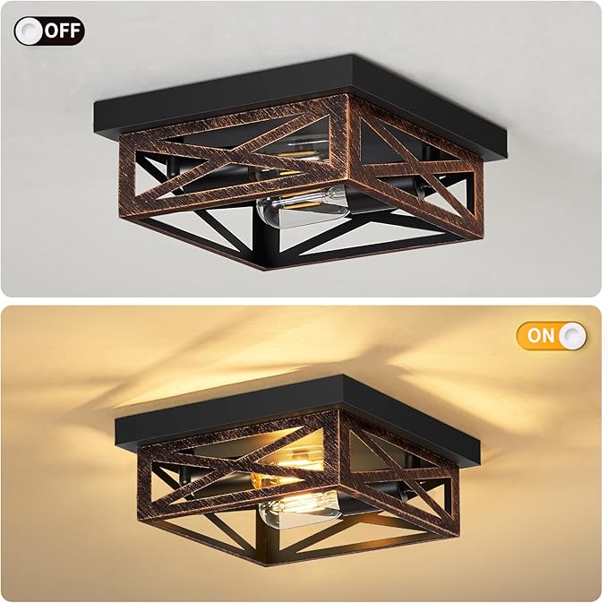 ZHU YAN Flush Mount Ceiling Light,2-Light Farmhouse Light Fixtures,Square Hallway Light Fixtures,Rustic Black Ceiling Light Fixture for Kitchen Hall Entryway Hallway (2 Pack)