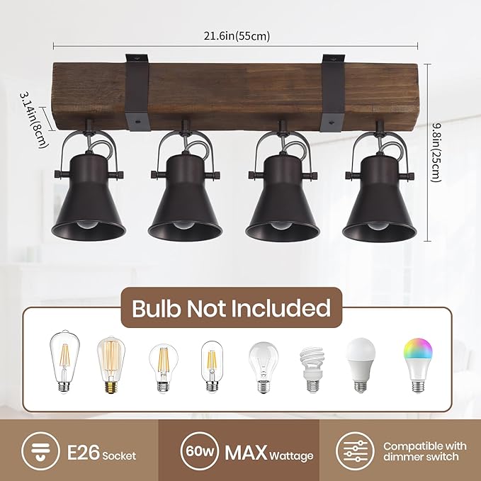 SEEBLEN 4 Light Semi Flush Mount Ceiling Light, Farmhouse Wooden Track Lighting Fixtures Ceiling, Rustic Kitchen Lights Ceiling for Island Dining Room Living Room.