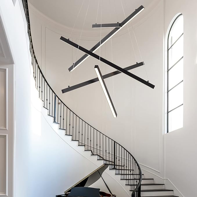 Black Led Modern Pendant Light, 5 Linear Lights led Chandelier Dimmable Hanging Pendant Lighting for Living Dinning Room Staircase Entry Foyer Restaurant