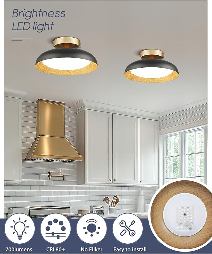 kudos Flush Mount Ceiling Light,12-inch LED Ceiling Light Fixture,Painted Wood-Grain Finish,12W/700lm Hanging Light Fixture for Bedroom,Hallway,3000K/4000K/6000K Adjustable, KDCL10-BK