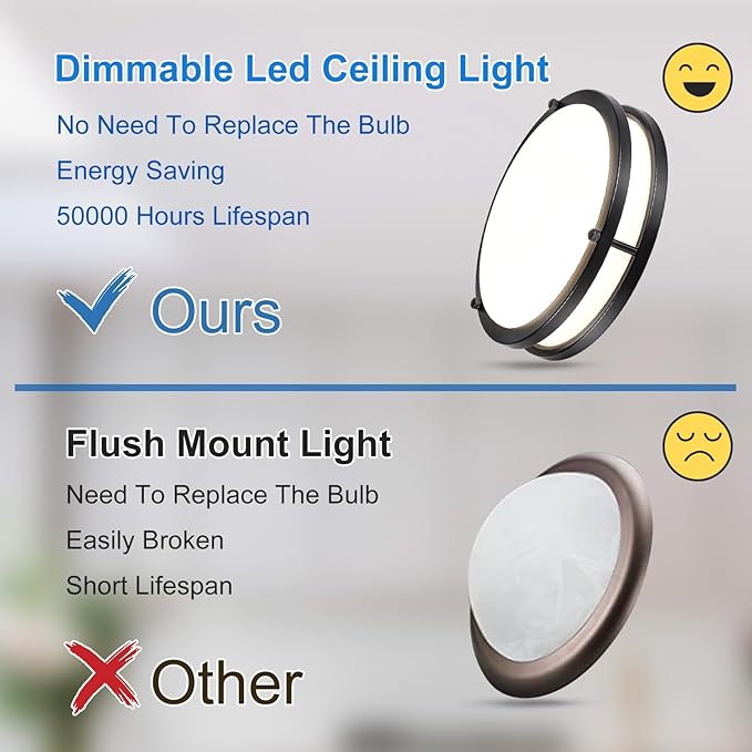 DLLT 2Pack Flush Mount LED Ceiling Light: 10 Inch 5CCT (3000K-6000K) & Dimmable Ceiling Light Fixtures for Bedroom Hallway - 18W Modern Black 1600LM Super Bright Kitchen Lighting Fixtures Ceiling