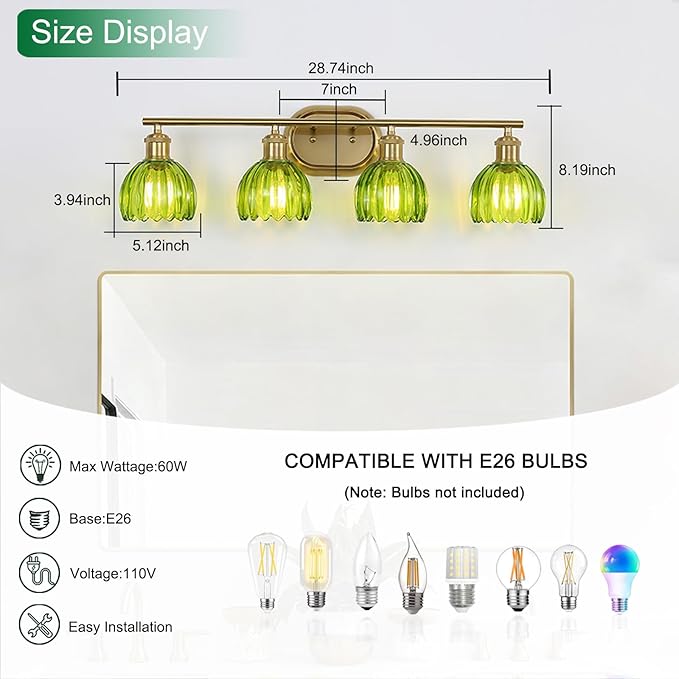 Gold Bathroom Light Fixtures, 4-Light Vanity Lights for Bathroom with Ribbed Green Tulip Glass Shade, Brass Wall Scone Lighting Over Mirror for Farmhouse,Bedroom,Living Room,Hallway