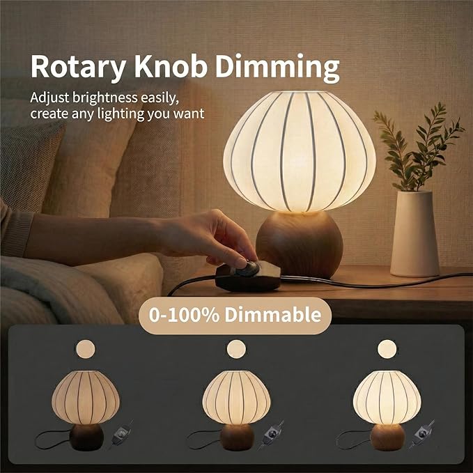 Mushroom Table Lamp, Metal Bedside Lamp with Stepless Dimming, Handcrafted Silk Lampshade Nightstand Lamp for Cozy Bedroom, Living Room, Kids Room