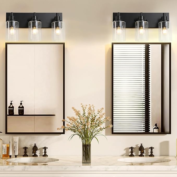 LOUSACE 3 Light Bathroom Vanity Light, Matte Black Bathroom Light Fixtures Over Mirror, Modern Bathroom Lighting with Clear Glass Shade, Black Farmhouse Wall Sconces Lighting Fixture for Bedroom
