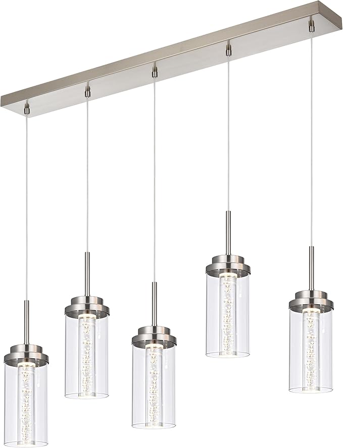 MELUCEE 5-Lights Led Chandelier, Kitchen Island Lighting Brushed Nickel Linear Chandelier with Clear Glass Shade, Large Pendant Lighting for Dining Room Over Table, 3000K-6000K Adjustable, 25W