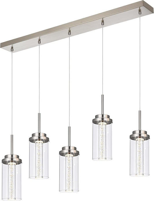 MELUCEE 5-Lights Led Chandelier, Kitchen Island Lighting Brushed Nickel Linear Chandelier with Clear Glass Shade, Large Pendant Lighting for Dining Room Over Table, 3000K-6000K Adjustable, 25W