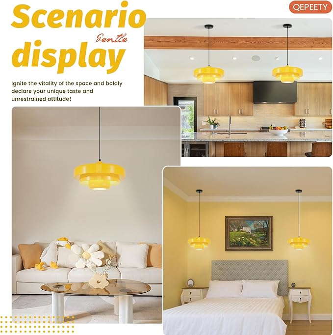Mid Century Yellow Flush Mount Pendant Light, 3-Layer Metal Industrial Chandelier for Kitchen Island, Dining Room, Foyer, Retro Vintage Ceiling Light Fixture
