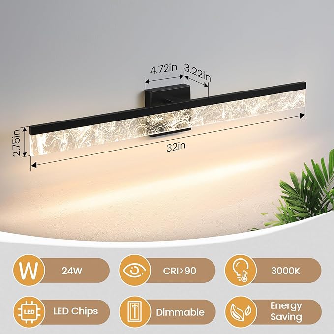 AIJIASI Modern Vanity Lights for Bathroom, 32 Inch Black Bathroom Light Fixtures Over Mirror, 24W Dimmable LED Vanity Lighting Fixtures for Bath Mirror Restroom Bedroom 3000K