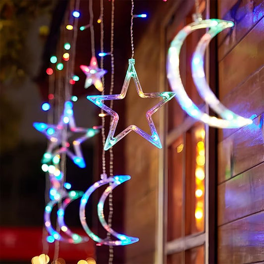 Moon and Stars Decor Curtain Lights, 11.5ft String Lights for Bedroom, Christmas, Ramadan Decor, Indoor LED Fairy Twinkle Light, Battery Operated or USB Plug-in