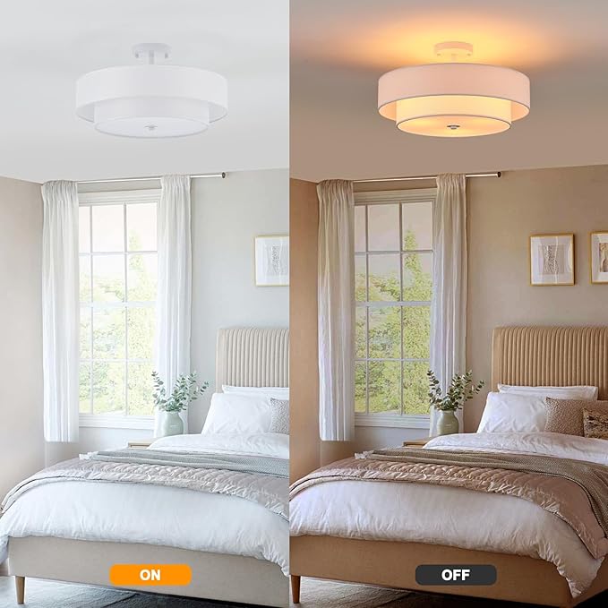Modern Semi Flush Mount Ceiling Light, 18" Modern White 3-Lights Drum Ceiling Lighting Fixture, Vintage Linen White Ceiling Lamp for Laundry Room, Kitchen, Basement, Dining Room, Bedroom