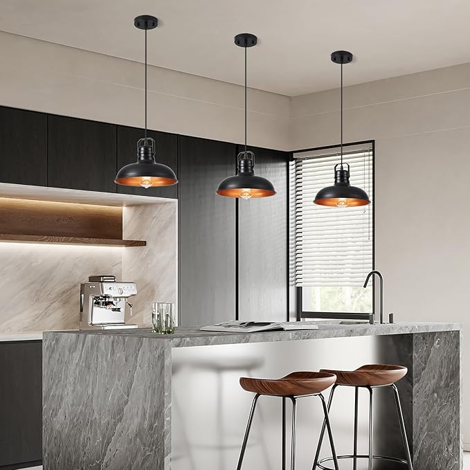 Industrial Pendant Light, 10.5 Inch Farmhouse Small Black and Gold Chandelier, Vintage Hanging Light Fixture with 71'' Height Adjustable Cord for Kitchen Island, Dining Room, Bedroom - 3 Pack