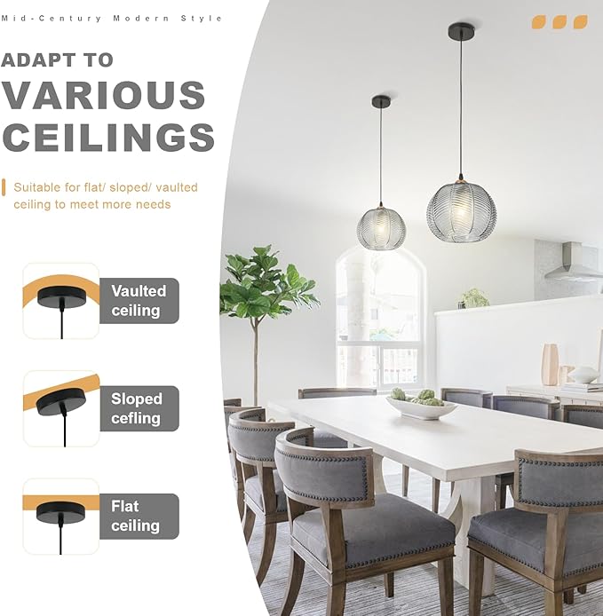 Industrial Hanging Pendant Light, Farmhouse Black and Gold Hanging Kitchen Light Fixture with Gray Ribbed Glass Shade, Modern Pendant Lamps for Kitchen Counter Dining Table Bedroom Home Bar