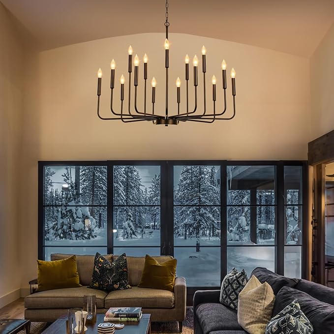 Black Chandeliers for Dining Room Light Fixture Over Table, Modern Farmhouse Chandeliers for Living Room,15-Lights Industrial Metal Candle Lighting Fixtures for Entryway Kitchen Island Foyer