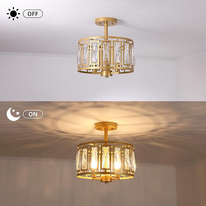 Gold Semi Flush Mount Ceiling Light, 3-Light Modern Brass Ceiling Fixture with K9 Crystals, Bedroom Light Fixture, Semi Flush Mount Ceiling Lights