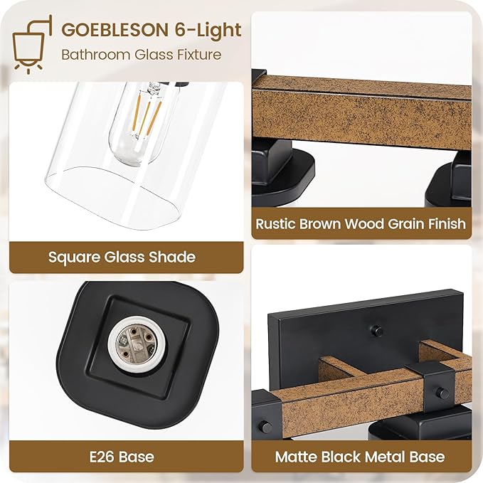6-Light Bathroom Light Fixtures, Farmhouse Vanity Lights for Bathroom with Glass Square Shade, Rustic Vanity Lights, Sconce Wall Light, E26 Base (Bulbs Not Included), ETL Listed FS12BD05