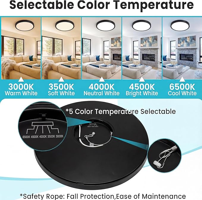 libtit 7 inch Flush Mount LED Ceiling Light Fixture, 3000K-6500K Adjustable, 15W 1500lm Black Satin Round Ceiling Lamp for Bathroom Hallway Kitchen Bedroom, 6 Pack