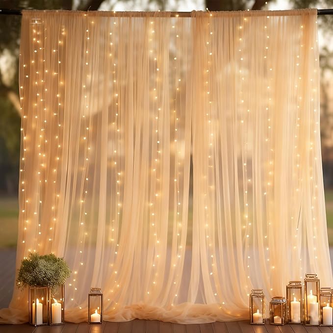 Champagne Tulle Backdrop Curtain with Lights, Elegant Sheer Photo Backdrop Drapes, Soft Fabric Curtain for Weddings Brithday Baby Shower Parties Photography Background Decor, 10ftx8ft