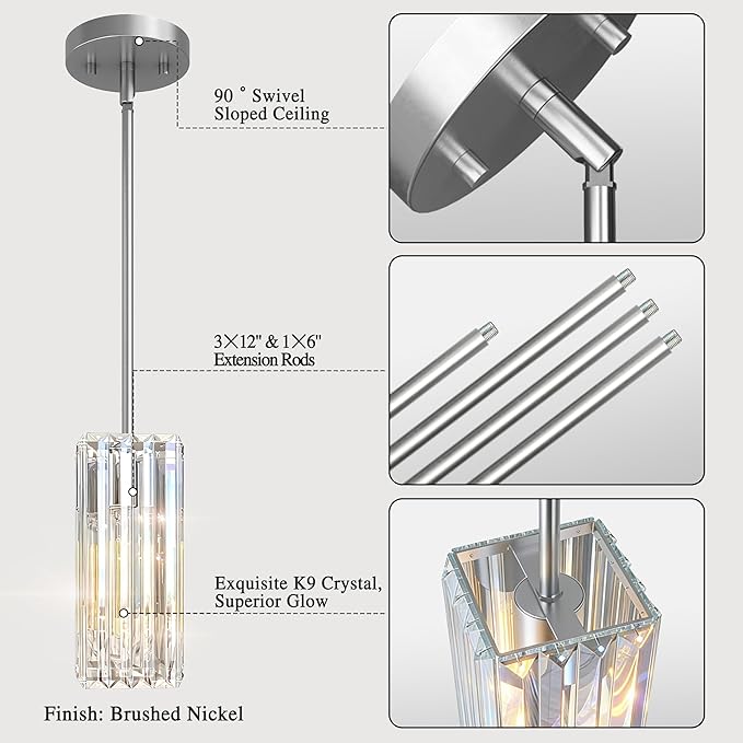 Crystal Pendant Lights for Kitchen Island - 10" Nickle Sand Adjustable Chandelier, Dimmable E26 Hanging Fixture, Modern Lighting for Dining 1pcs