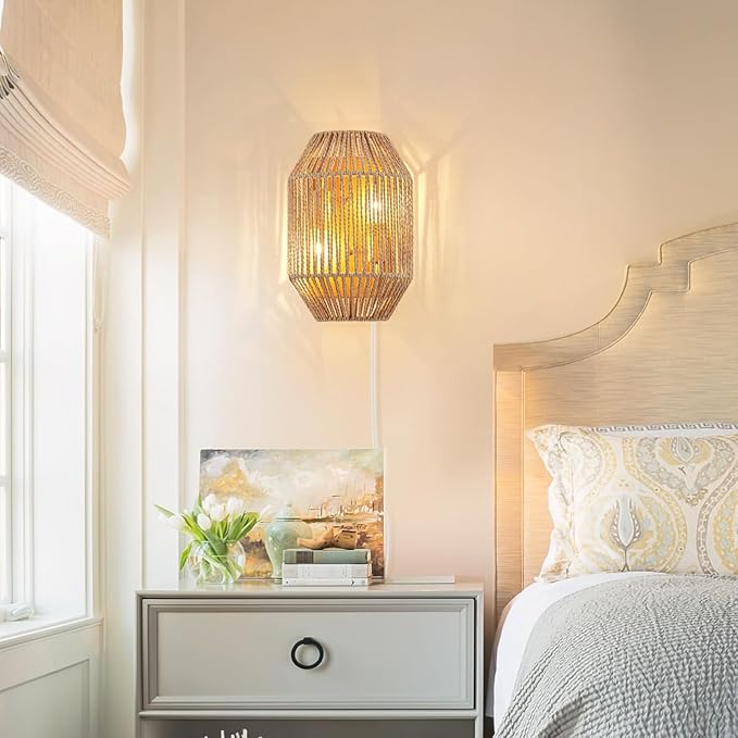 Natural Rattan Plug-in Wall Sconce Set of 2, with Boho Woven Wicker Shade Antique Brass Brush Paint Finish for Vanity Stairway Fireplace Living Room Bedside Passway Hallway