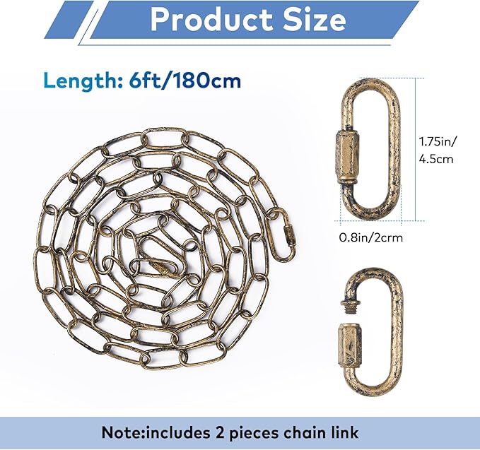 garini 6 Feet Aged Gold Light Fixture Chain, Adjustable Metal Pendant Chandelier Chain Extension with Detachable Link, Maximum Load is 66 Pounds