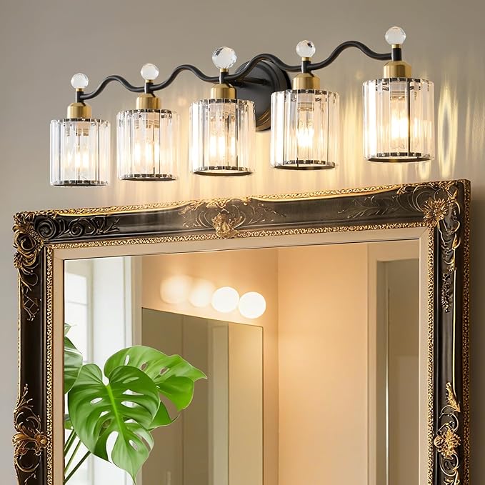 5 Light Vanity Light, Modern Black and Gold Crystal Bathroom Vanity Lighting Fixtures, Bath Wall Mount Lights with Clear Crystal Glass Shade, Wall Sconce Light for Mirror Bedroom Living Room, E26 Base