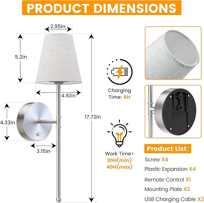 LUTEC Battery Operated Wall Sconce Set of 2,Rechargeable Wall Sconce, 12 Colors Wireless Wall Sconces with 5200mAh RGB Dimmable and Remote,Rechargeable Sconces Decor for Bedroom/Living Room/Hallway