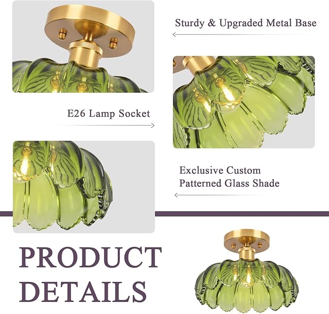 Hallway Lights Fixture Ceiling,Greem Semi Flush Mount Ceiling Lights,9.8" E26 Vintage Light Fixtures for Closet Hallway Kitchen Dining Room