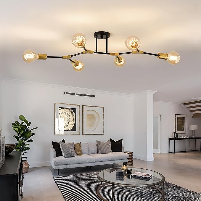 ASGYISA 8 Light Modern Sputnik Chandelier Black and Gold Ceiling Light Fixture Mid Century Ceiling Lamp for Bedroom Living Room Dining Room Kitchen Foyer (Metal Matte E26
