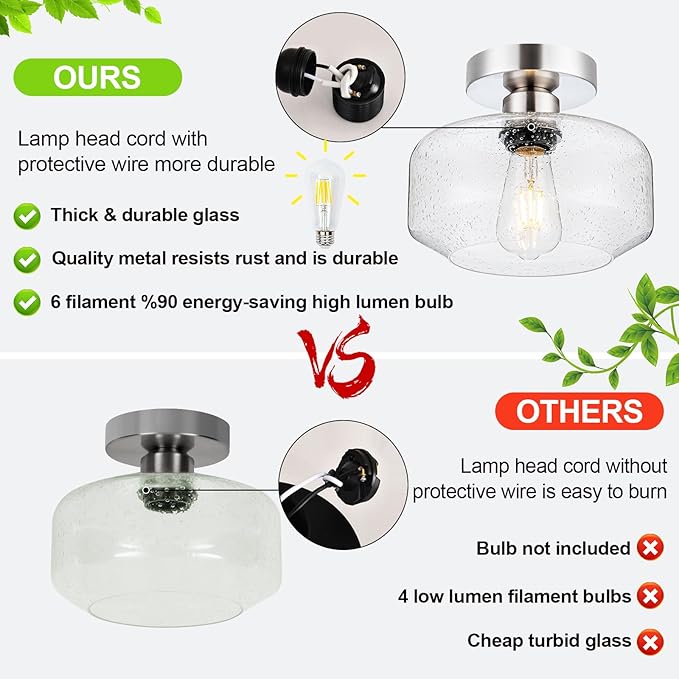 Tbaoinal Semi Flush Mount Ceiling Light Seeded Clear Glass Shade Matal Base Inclede LED Bulb, Low-Profile for Kitchen/Hallway/Entryway/Bathroom,Matte Silver