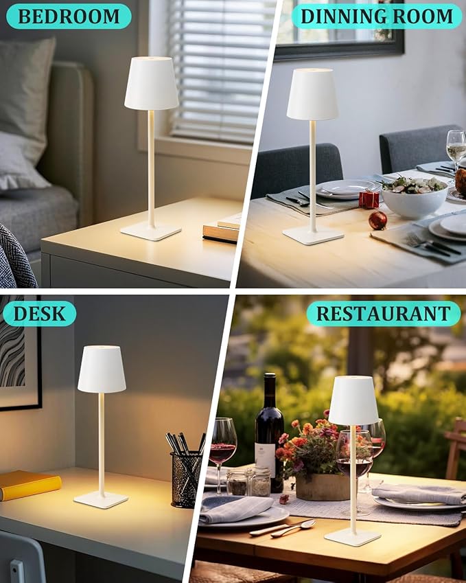 Fizrice Cordless Table Lamp Rechargeable Lamps: 6000mAh Battery Operated Table Lamp Outdoor Waterproof, Touch Control, Portable Wireless Desk Lamp for Dinner/Bedroom/Restaurant （White2 Pack