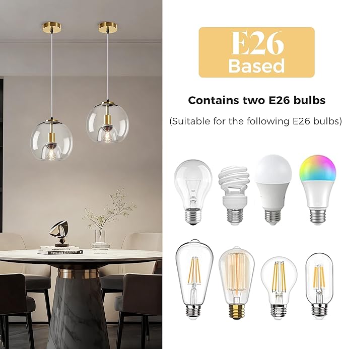 9.1in Large Clear Glass Pendant Light for Kitchen Island – 2-Pack with Extra LED Bulbs & 4.92ft Adjustable Cord | Modern Minimalist Lighting for Dining Room, Living Room, Entryway