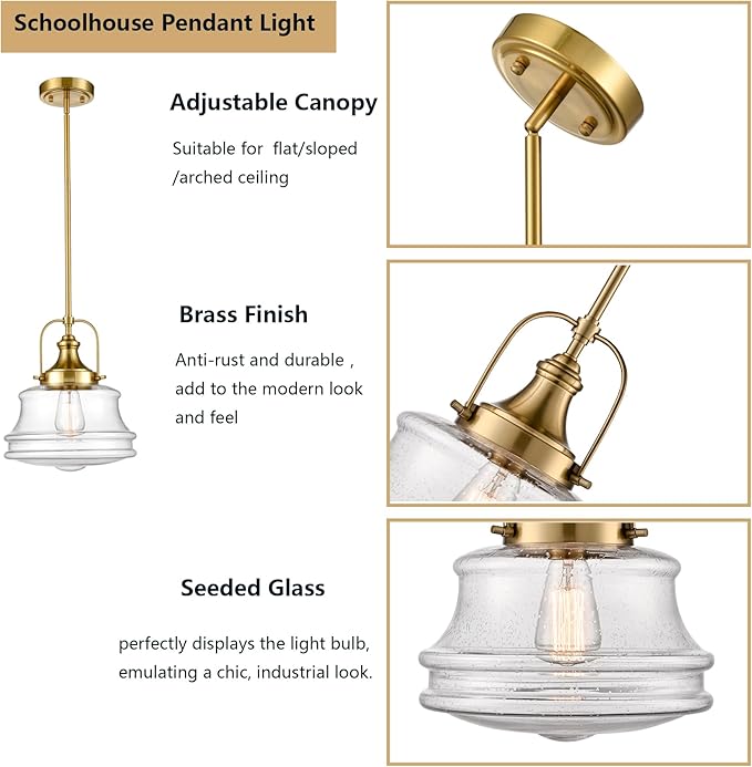 DEYNITE Modern Gold Kitchen Pendant Light Seeded Glass Shade-Rod Hanging Nautical Schoolhouse Dimmable Light for Dining Room Bathroom Hallway