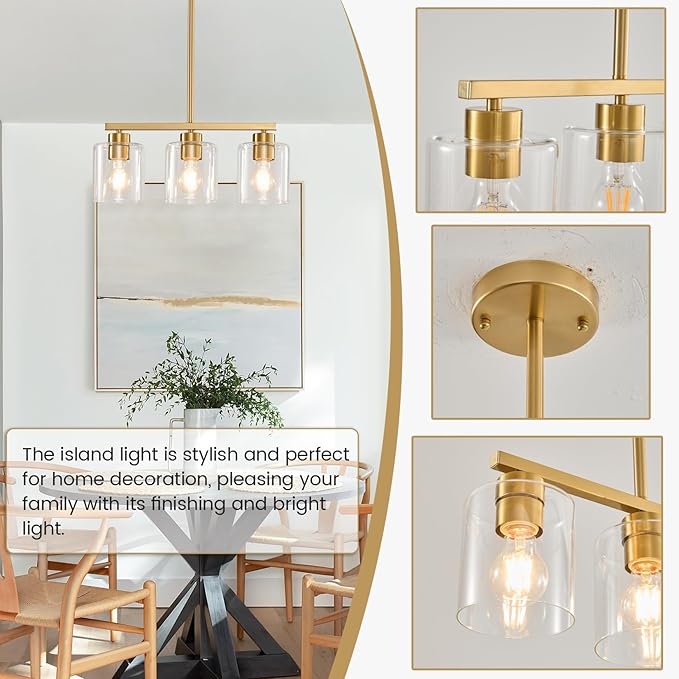 3-Light Gold Kitchen Island Lighting, Gold Pendant Light Fixture, Farmhouse Dining Room Light Fixtures Over Table, Modern Hanging Light Fixtures with Clear Glass, E26 Base, Bulbs Not Included