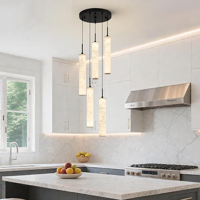 LMQNINE Natural Alabaster Pendant Lights for Kitchen Island White Marble Long Tube Chandelier 4000K Modern Black Ceiling Light Fixtures for Bedroom Dining Room Table Living Room Hallway(M-5Light)