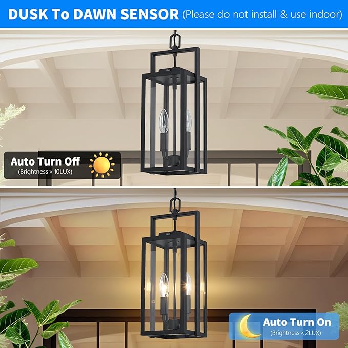 17.8'' Large Dusk to Dawn Outdoor Pendant Light 2-Light, Modern Black Metal Outside Chandelier Exterior Hanging Fixture Ceiling Mount with Clear Glass for Front Porch Entrance Entryway, 1 Pack