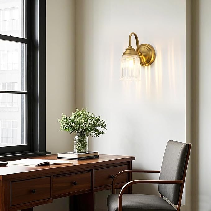 PERMO Vintage Wall Sconce with Clear Bell-Shaped Glass Shade Antique Gold Bathroom Sconce Wall Mount Light for livingroom Bedroom,Hardwired,E26 Base