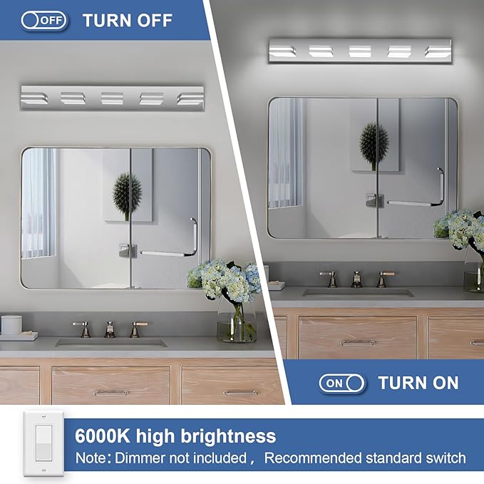 Modern LED Bathroom Lights Fixtures 5-Light,Stainless Steel Chrome Acrylic Wall Lighting,Vanity Lights for Bathroom Over Mirror 6000k 34in
